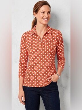 Talbots burned orange-Red- Geo Sporty‑Chic Button Top – L